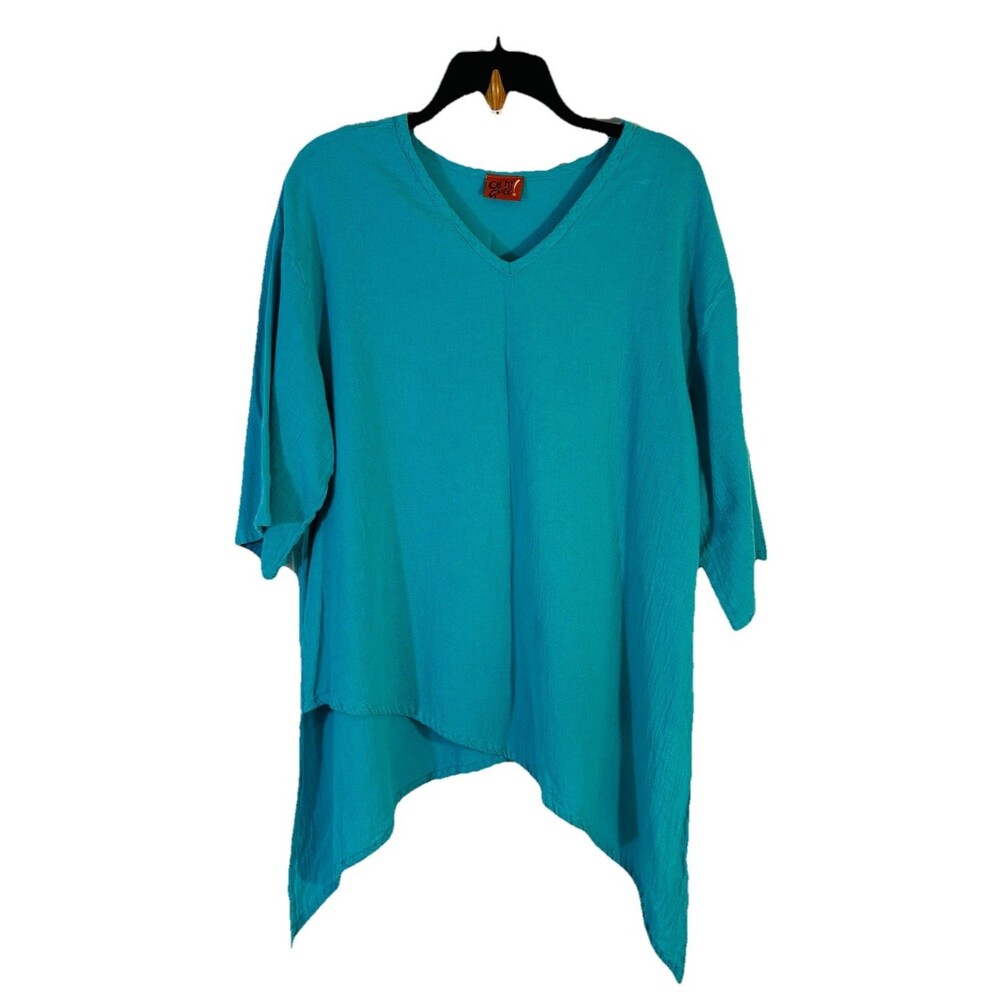 Oh My Gauze Sz 2 (12-14) Teal Cotton Elbow Length Sleeve Lagenlook Tunic Blouse
